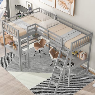 Wood Twin Size L-Shaped Loft Bed w/Ladder, 2 Built-in L-Shaped Desks