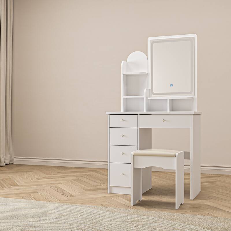 Timechee Makeup Vanity Set with Lightning Mirror, Drawer & Shelf - 31.5''L x 15.7''W x 55.1''H