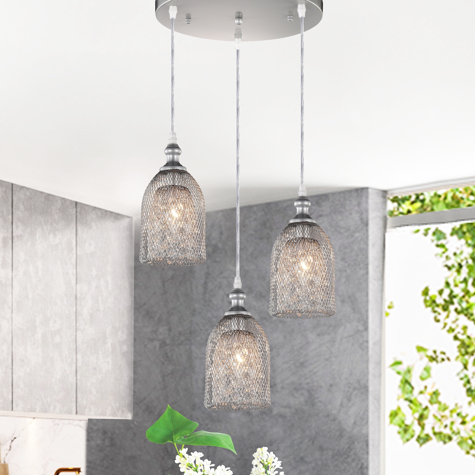 Warehouse of Tiffany Haydar Silver 3-light Mesh Pendant with Crystals