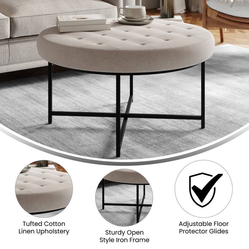 Round Cotton Linen Tufted Ottoman with Metal Frame