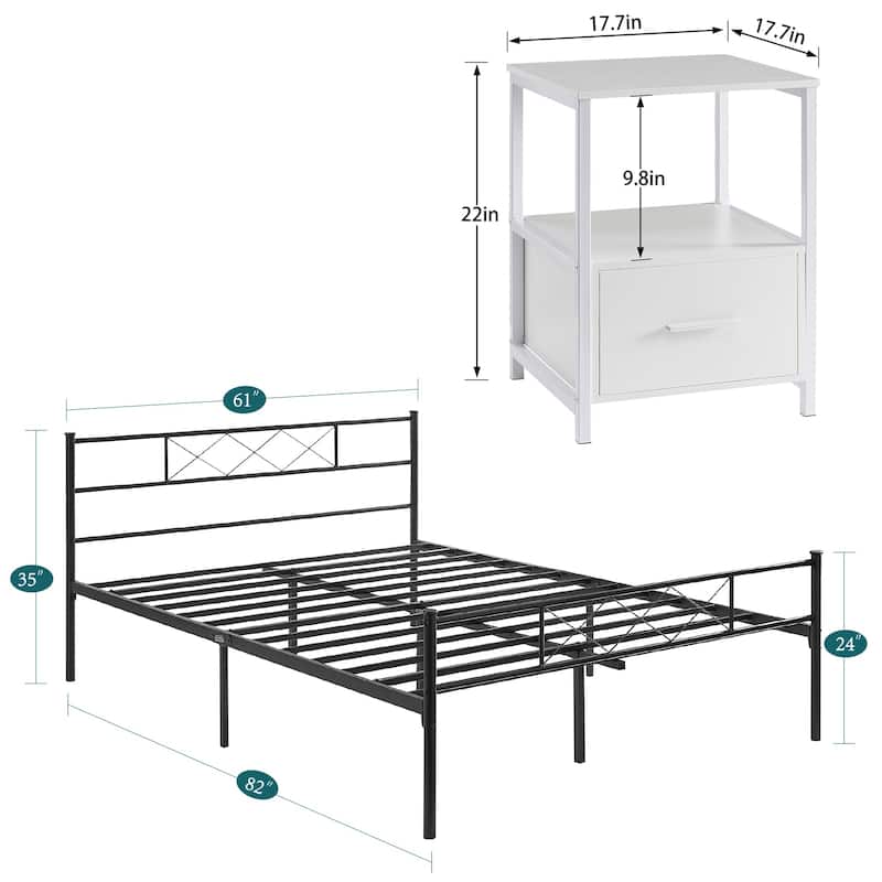 VECELO Industrial 3-Piece Bedroom Set Metal Bed Frame with Headboard and Modern Nightstand Set of 2