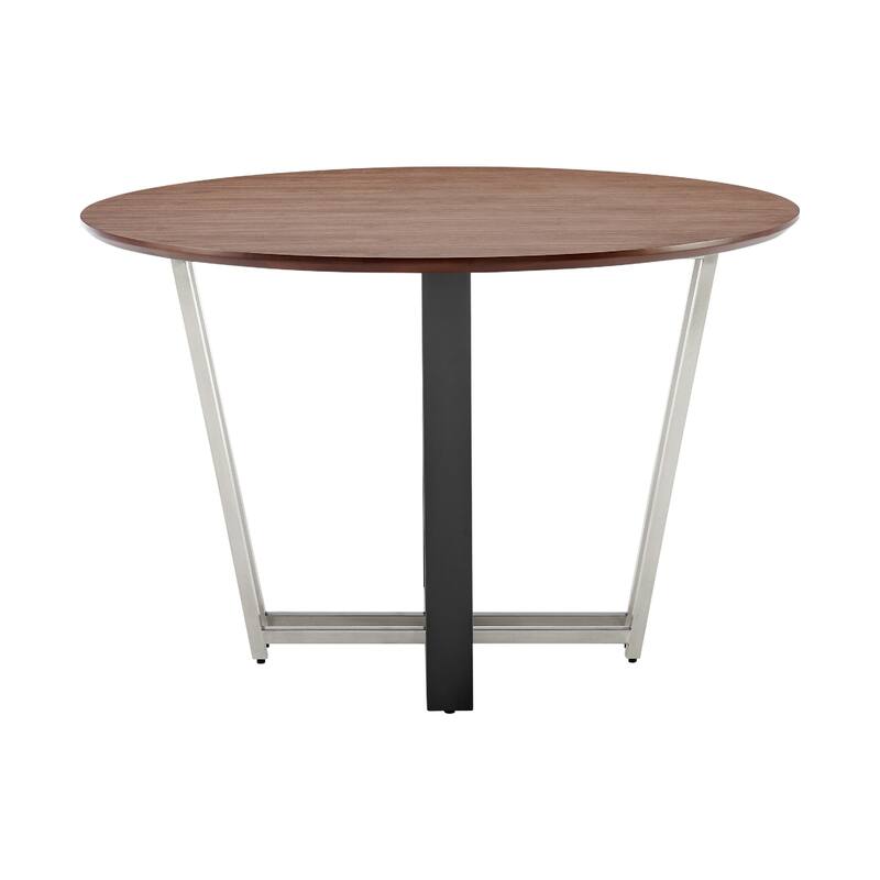 Leyne 48 Inch Round Dining Table, Stainless Steel, Black Iron, Walnut Veneer - Walnut Brown, Black, Silver