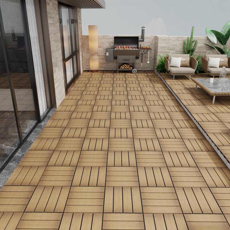 Patio Floor Tiles Pack of 22 WPC Wood-Plastic Composite Patio Deck Tiles DIY Interlocking Decking Tiles-11.8" ASH