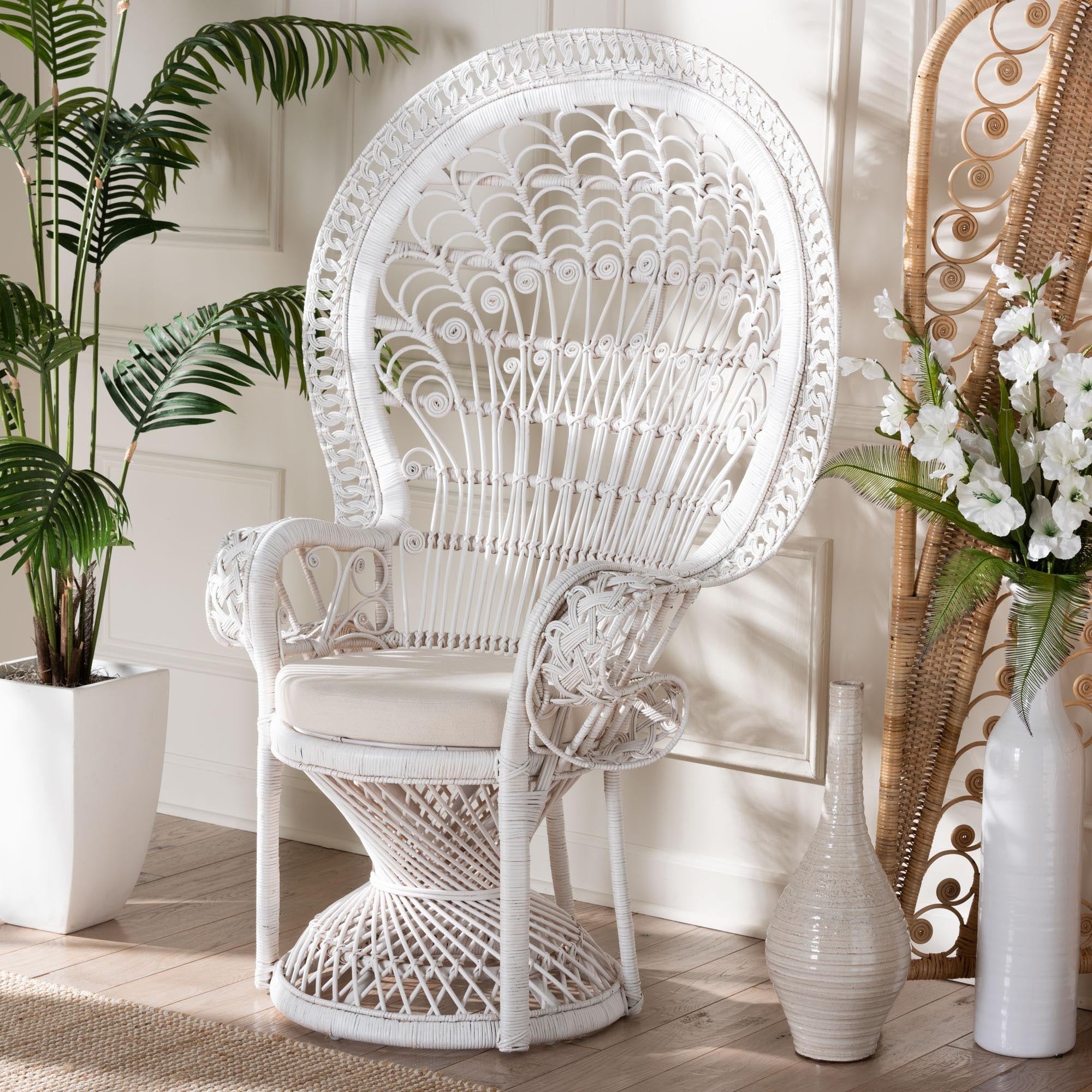 Kallima Modern Bohemian White Natural Rattan Peacock Chair Bed