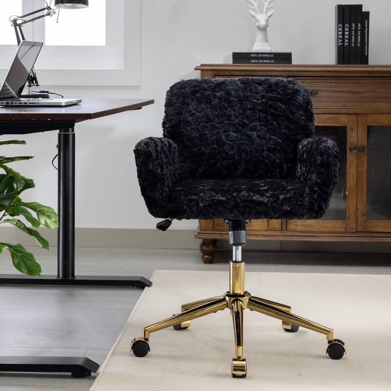 Featured Upholstered Study Chair Office Chair, Armchair Home Computer Chair Swivel Chair with Casters - Black