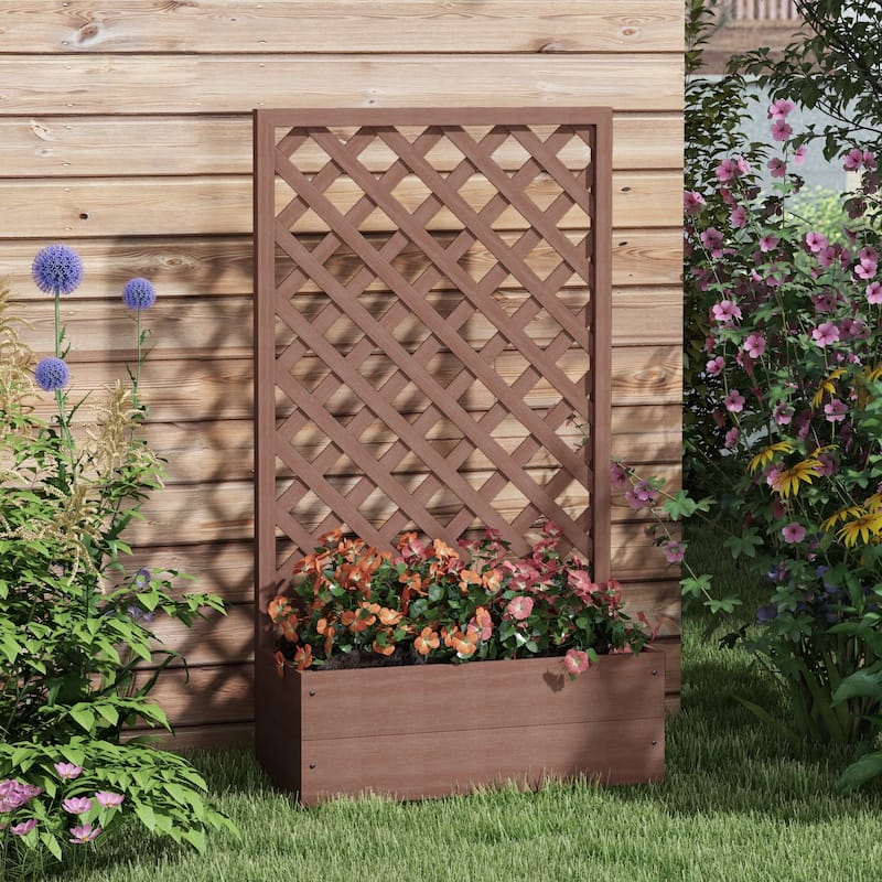 Outsunny Raised Garden Bed with Trellis Lattice, Wood Planter Box with Self Draining Gap, Freestanding Trellis Planter