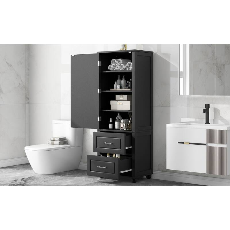 Tall Bathroom Storage Cabinet, Freestanding Storage Cabinet with Two Drawers and Adjustable Shelf, MDF Board with Painted Finish