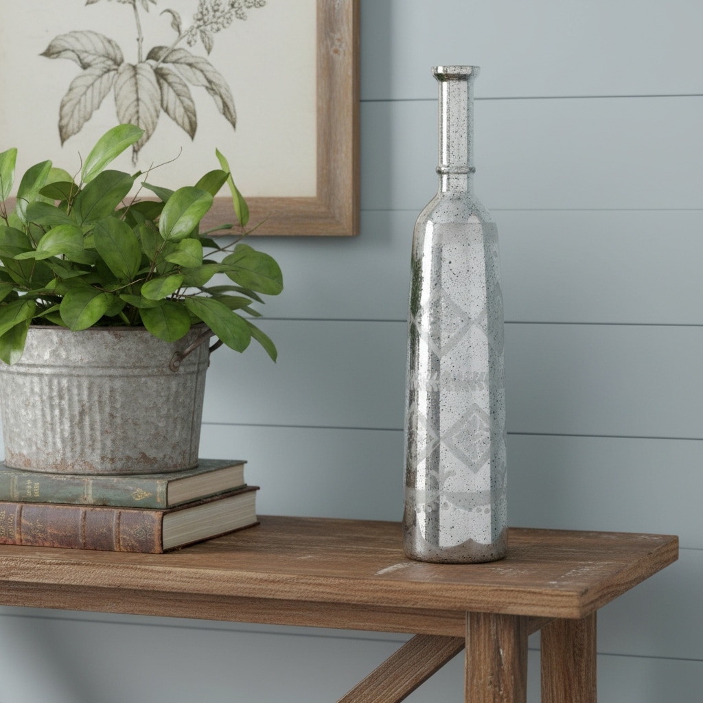 30" Antiqued Silver Floral Glass Bottle Table Vase - 5.90