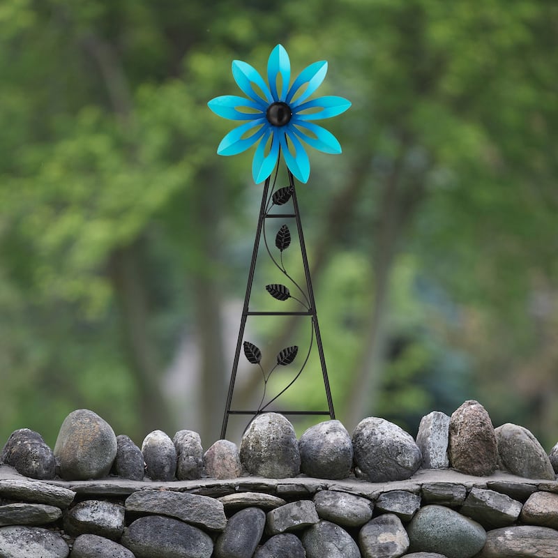 Glitzhome 44"H Glossy Painted Metal Yellow//Blue/Orange/Red Flower Wind Spinner Yard Stake