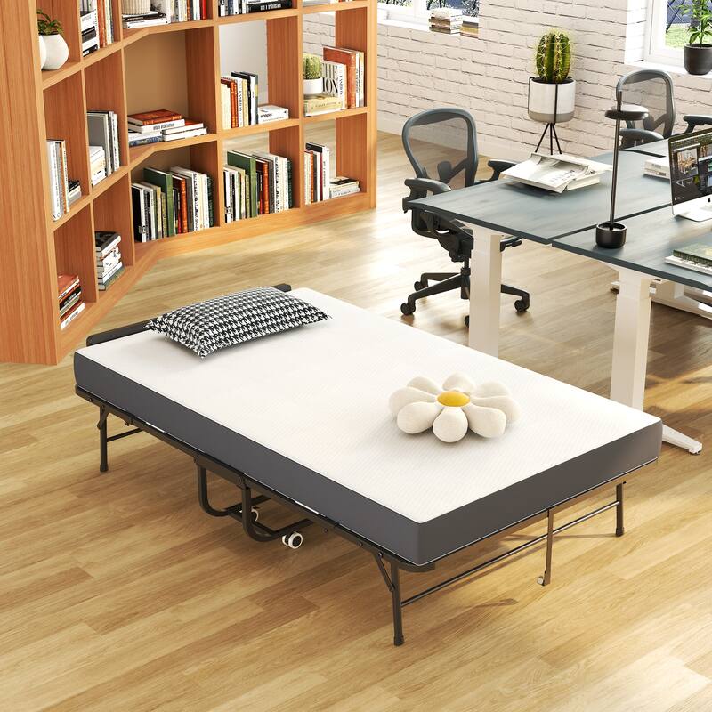 75" Wide Folding Bed with Adjustable Headboard, Extra Long Rollaway Bed, 5" Memory Foam Mattress, Heavy-Duty Guest Bed