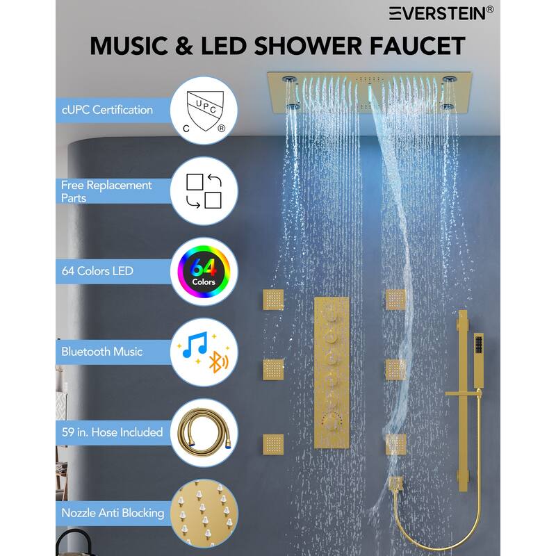 Thermostatic Shower System, 64-Color LED Mood Lighting 3-Functions Shower Head with Bluetooth Music & 6 Body Jets