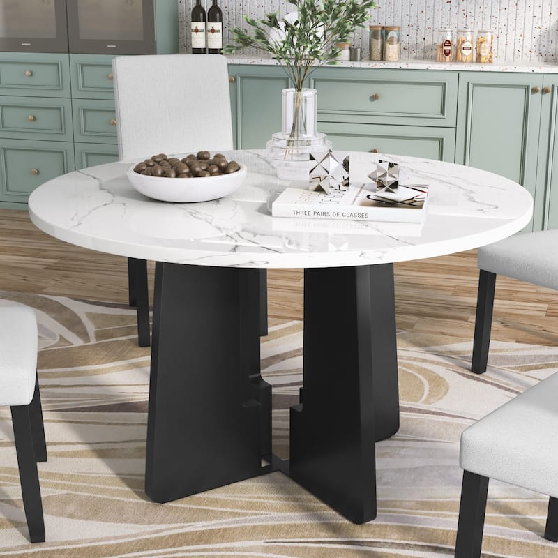 Marble Texture Round Dining Table for 4 with Sturdy H-shape Legs, Coffee Table Kitchen Table with Adjustable Feet