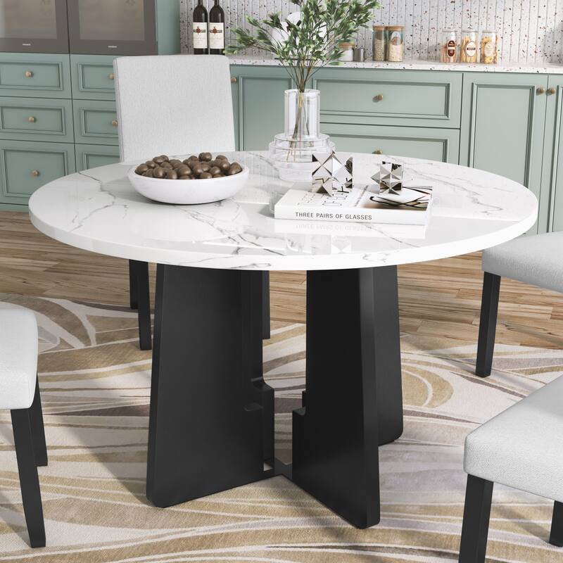 Round Dining Table for 4, 43" Faux Marble Top Kitchen Table - White+Black
