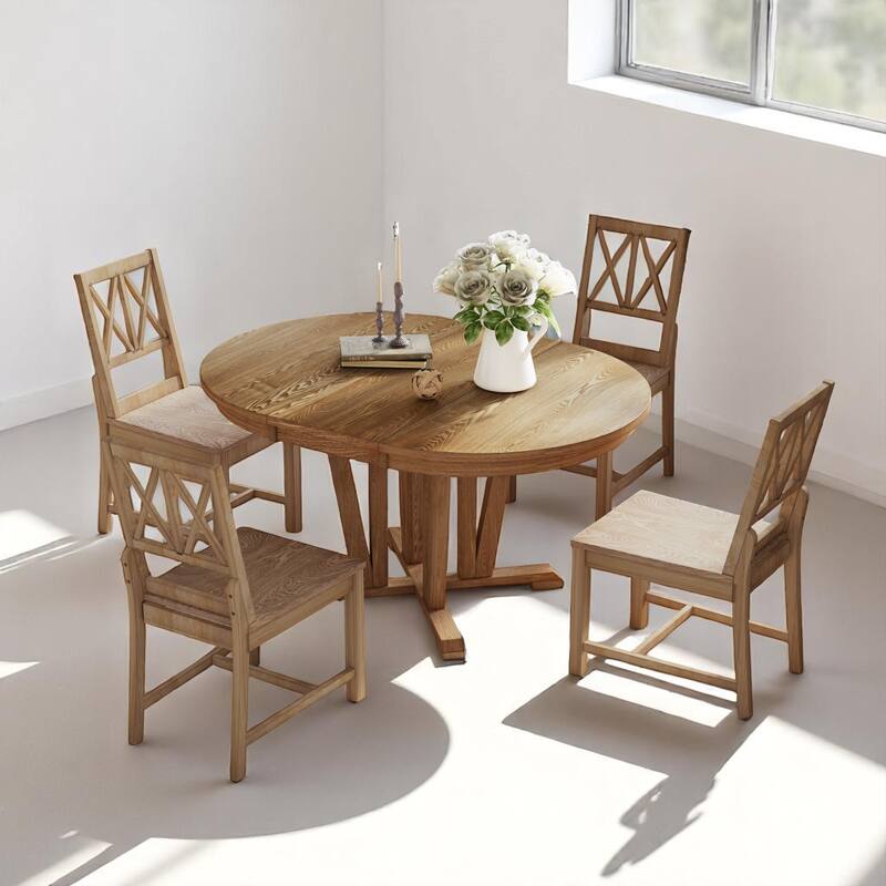 5-Piece Round Dining Set with Extendable Trestle Table and Cross Back Chairs, Rustic Farmhouse Style