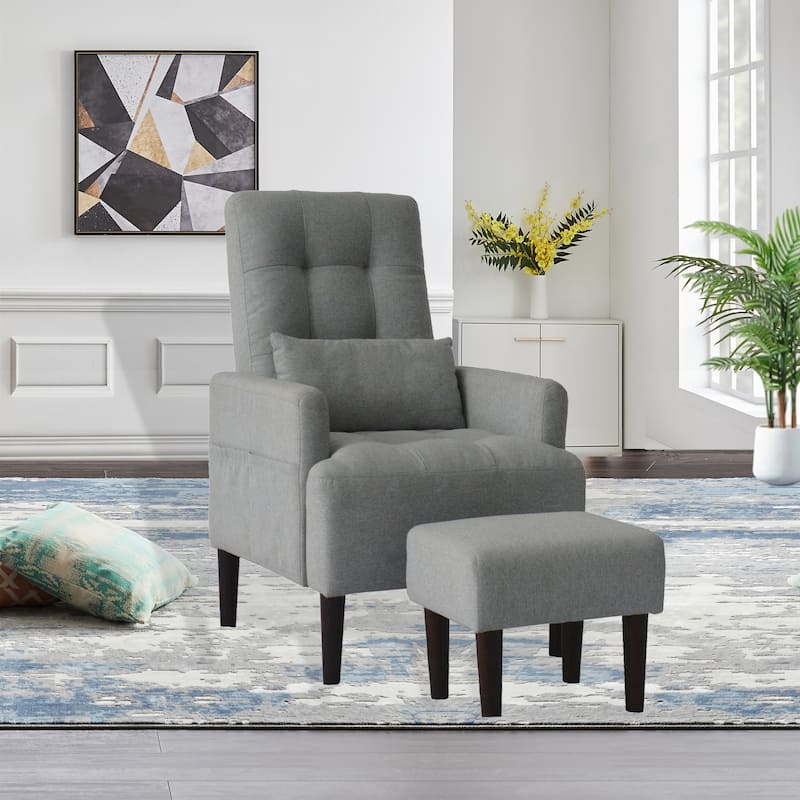 Gray Modern 26.77" High Back Upholstered Multi-Function Buttons Tufted Lounge Chair with Ottoman Set - Gray