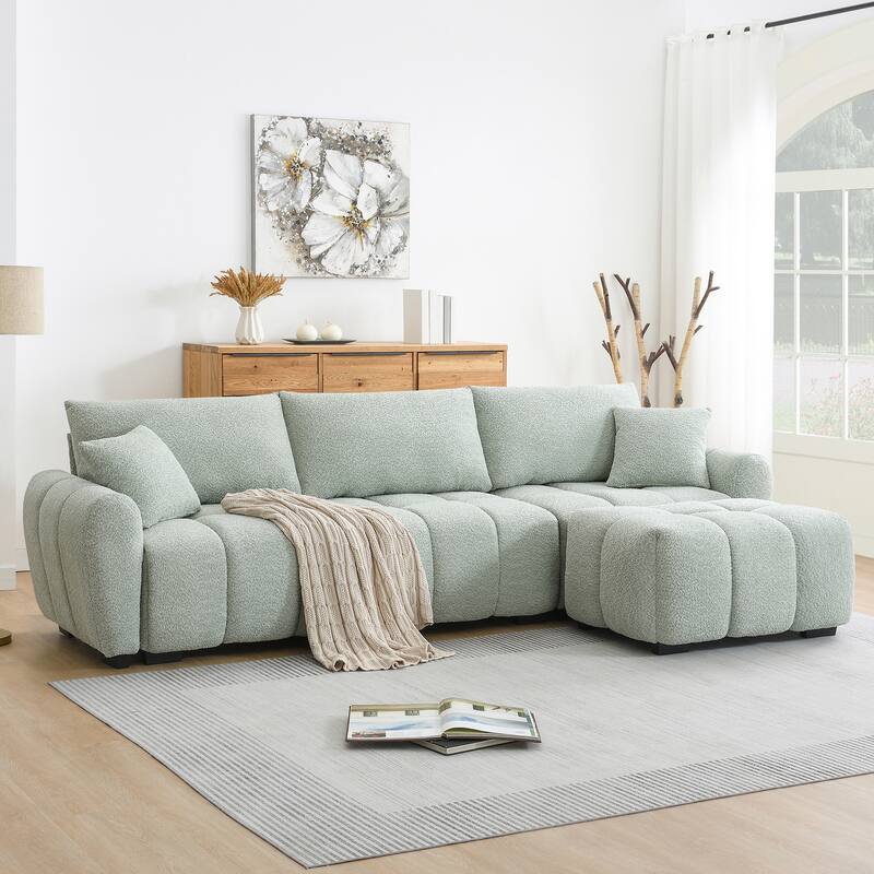 110" Modular L-Sectional - Boucle Fabric, Pull-Line Design, Movable Ottoman, 3 Color Options - Green