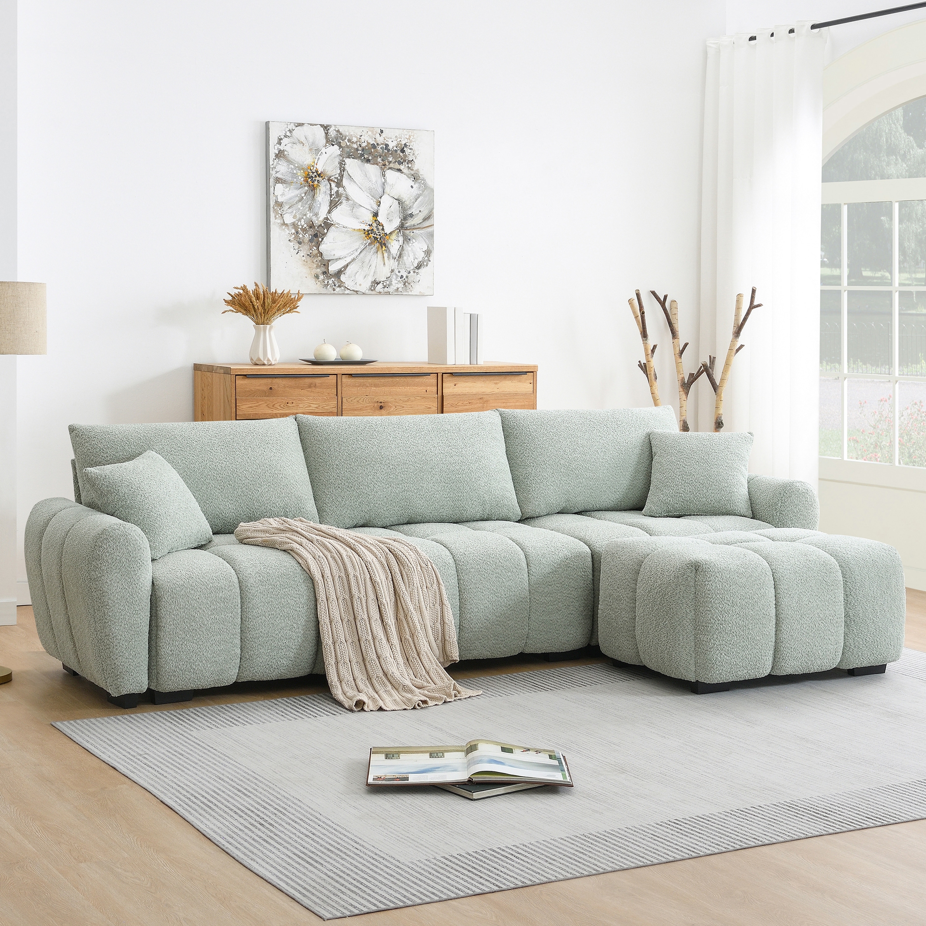 110" Modular Sectional Sofa, L-Shape with Extra-large Seat, Pull-line Design, Movable Ottoman, Sturdy Metal&Wood Frame