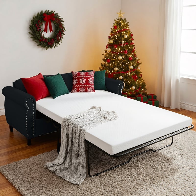 Mixoy Full/Queen Size Pull Out 2 in 1 Sleeper Sofa Bed with Mattress,Convertible Upholstered Loveseat with Nailhead - Full Size - Grey