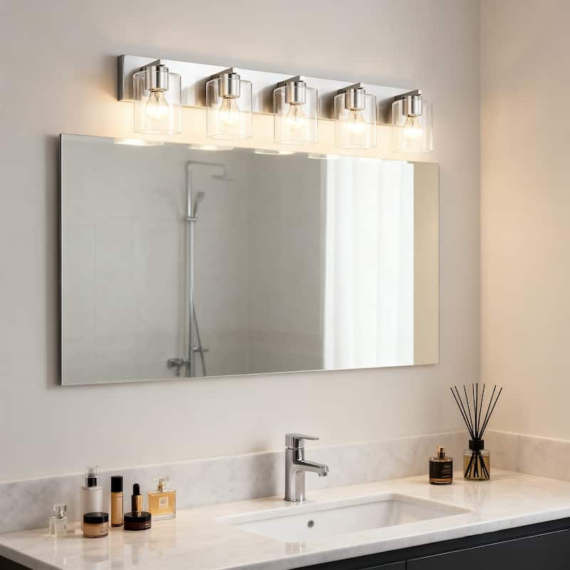 Brushed Nickel 5-Light 32 in. Vanity Light with Clear Square Glass Shades