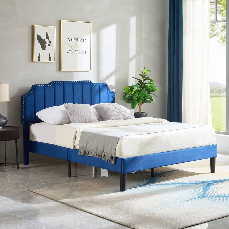 VECELO Upholstered Bed Frame with Nailhead Trim Adjustable Height Headboard, Twin/Full/Queen Size Bedframes