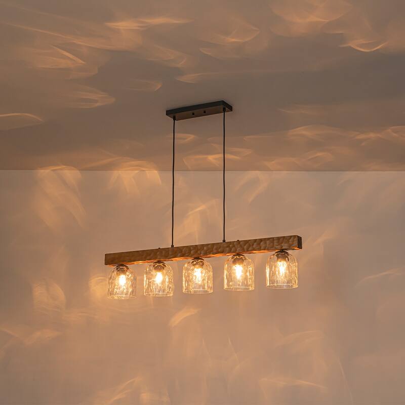 Farmhouse 5-Light Linear Island Pendant with Hammered Glass Shades and Antique Wood Finish