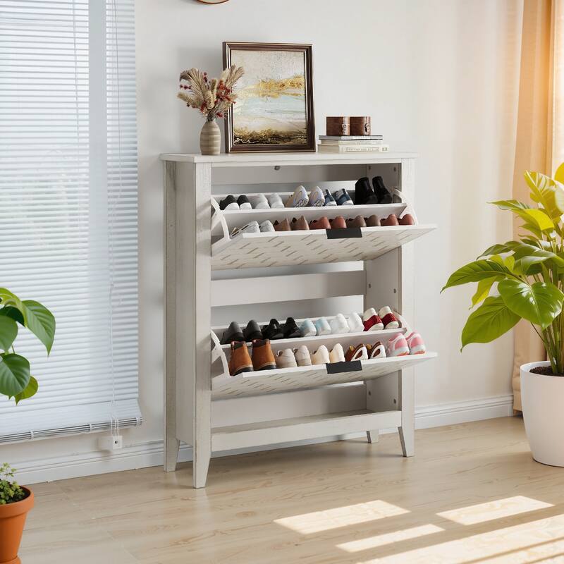 Retro White Shoe Storage Cabinet with 2 Flip Drawers for Hallway and Entryway