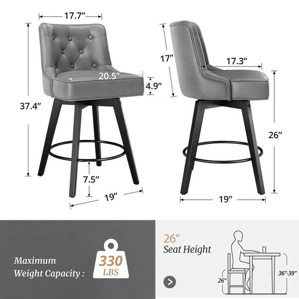 dimension image slide 3 of 6, Modern 26 in. Counter Height Barstools 360 Free Swivel Set of 4 Bar Stools with Back