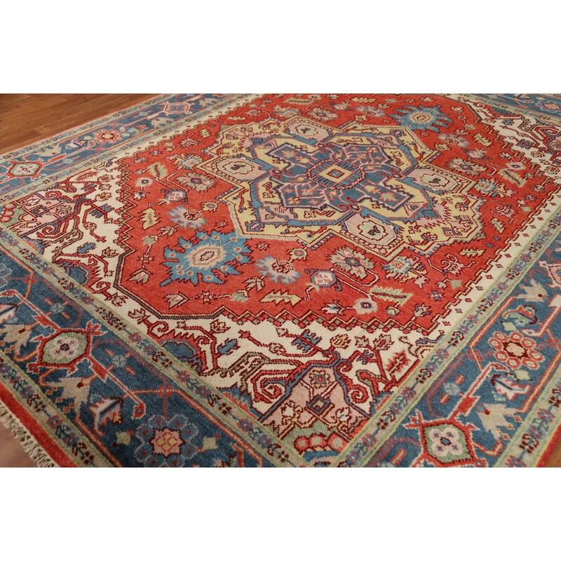 Geometric Heriz Serapi Indian Rug Hand-Knotted Orange Wool Carpet - 7'10"x 9'9"