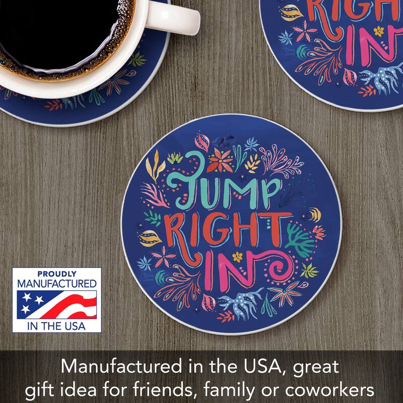 Jump In 4 Pack Absorbent Stone Coaster with Protective Cork Backing Made in The USA 4" Round, Easily Wipes Clean