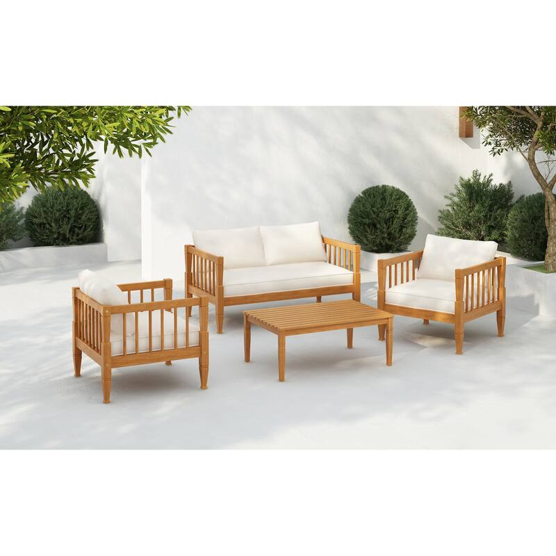Roomfitters 4-Piece Acacia Wood Patio Furniture Set, Seating Conversation Set with 4-Inch Thick Cushions and Coffee Table