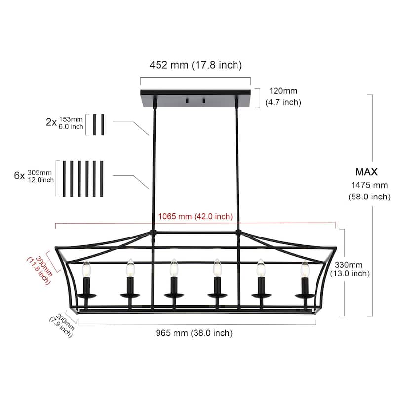 6-Light Kitchen Island Lighting Linear Chandelier Farmhouse Large Black Pendant Lighting for Dining Room Over Table