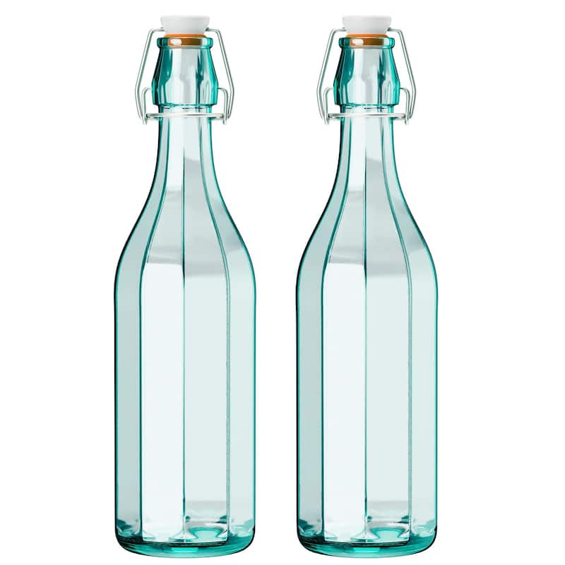 Amici Home Set of 2 Italian Recycled Green Faceted Hermetic Bottles - 17 oz.