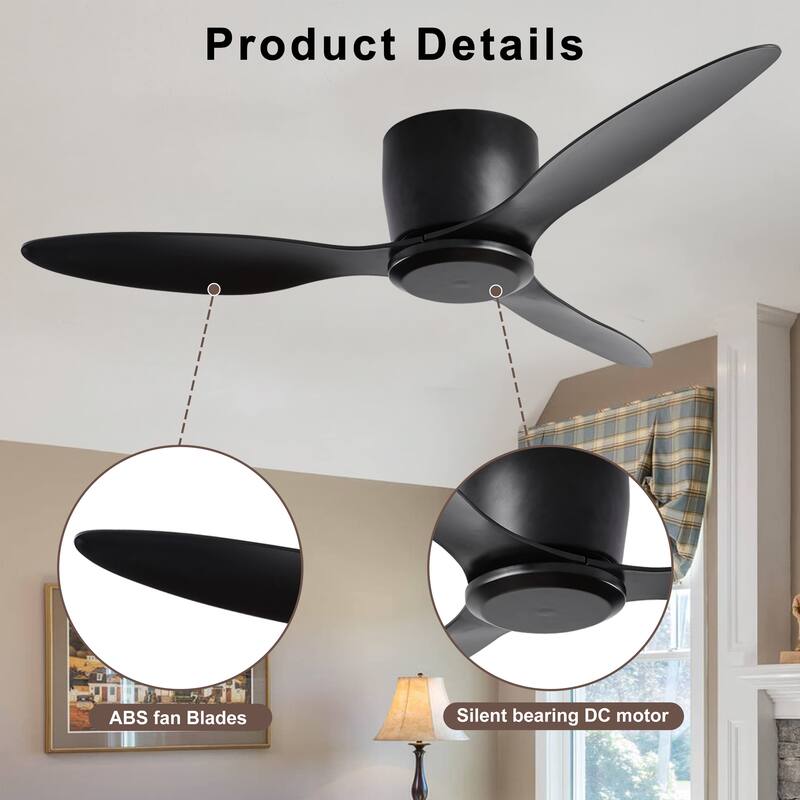 3 Blades Ceiling Fan No Light for Kitchen Bedroom, 42" Flush Mount Ceiling Fan, 6-Speed Quiet Reversible Motor