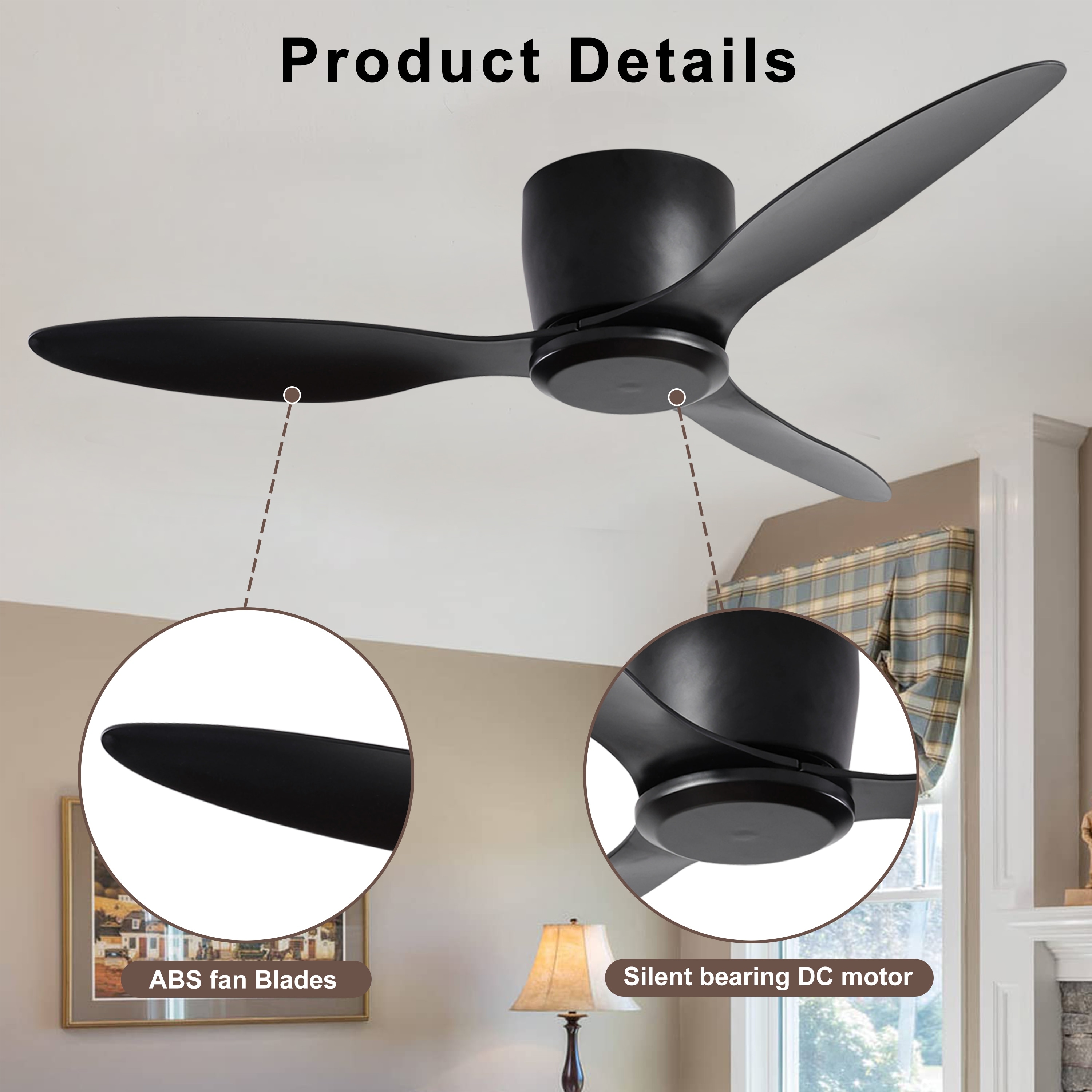 52" Flush Mount Ceiling Fan without light, 3 Reversible Blades, with 6 Speeds Reversible DC Motor, Low Profile Ceiling Fan