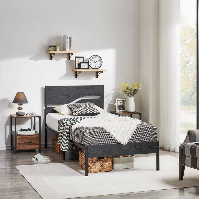 VECELO 2 Pack Twin Size Kids Bed Industrial Platform Bed Frame with MDF Curved Cutout Headboard Twin Size Bed Set of 2