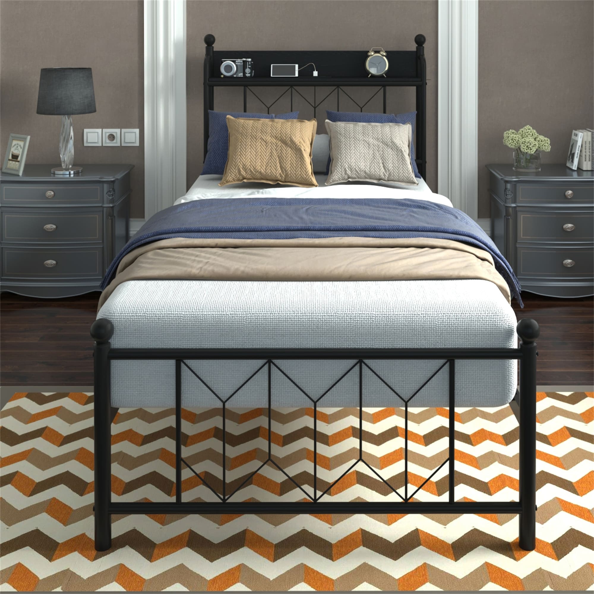 Twin Size LED Platform Bed with Headboard and Charging Station