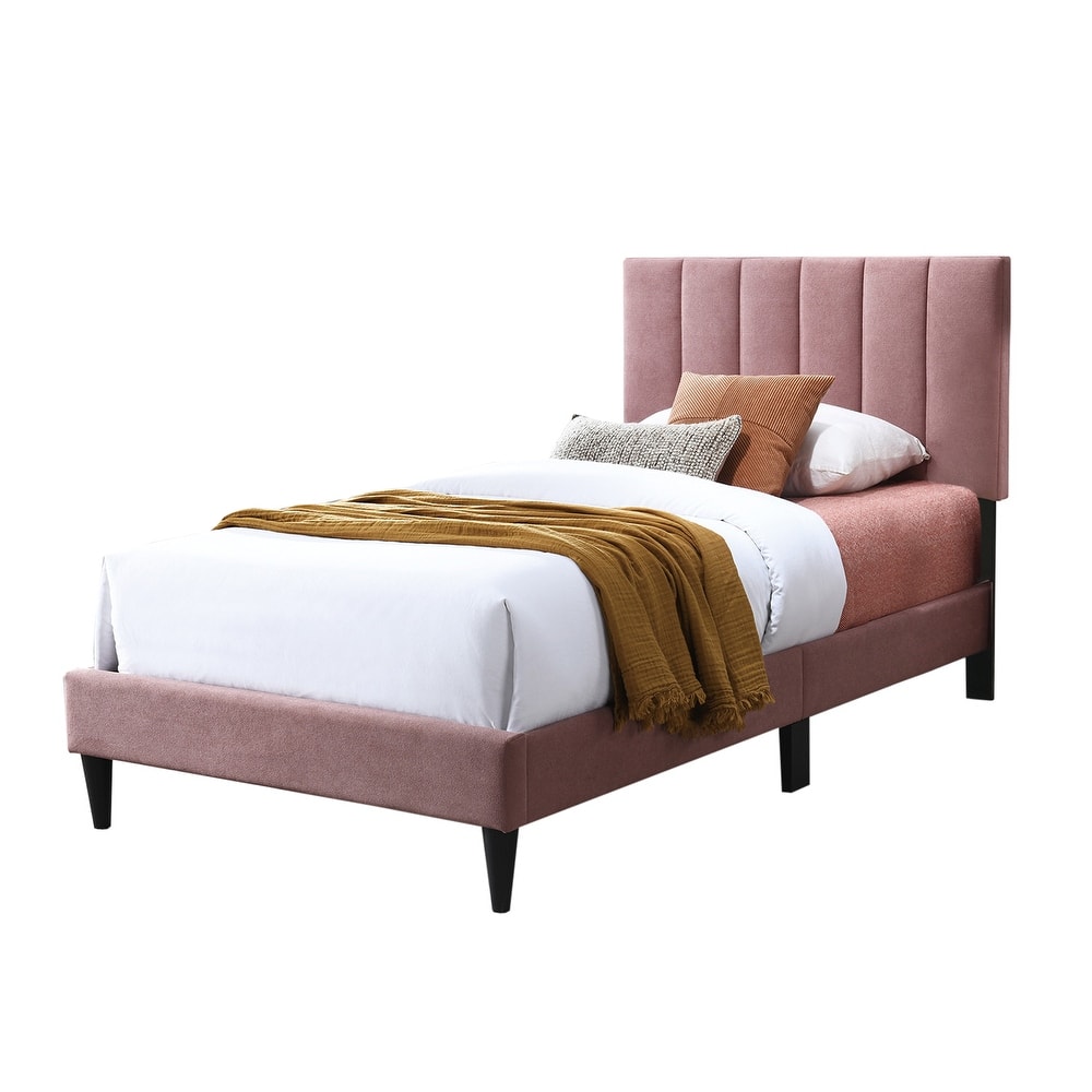 Brushed Linen Fabric Adjustable Headboard Twin Bed with Channel Tufting Design