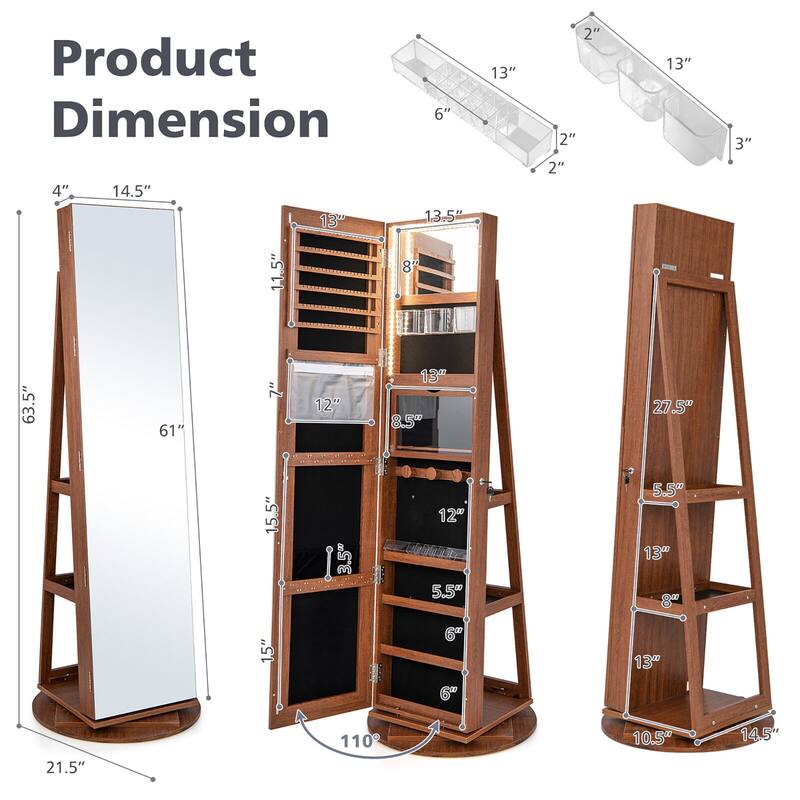 Gymax Rotating Mirrored Jewelry Cabinet with Mirror Storage Shelves