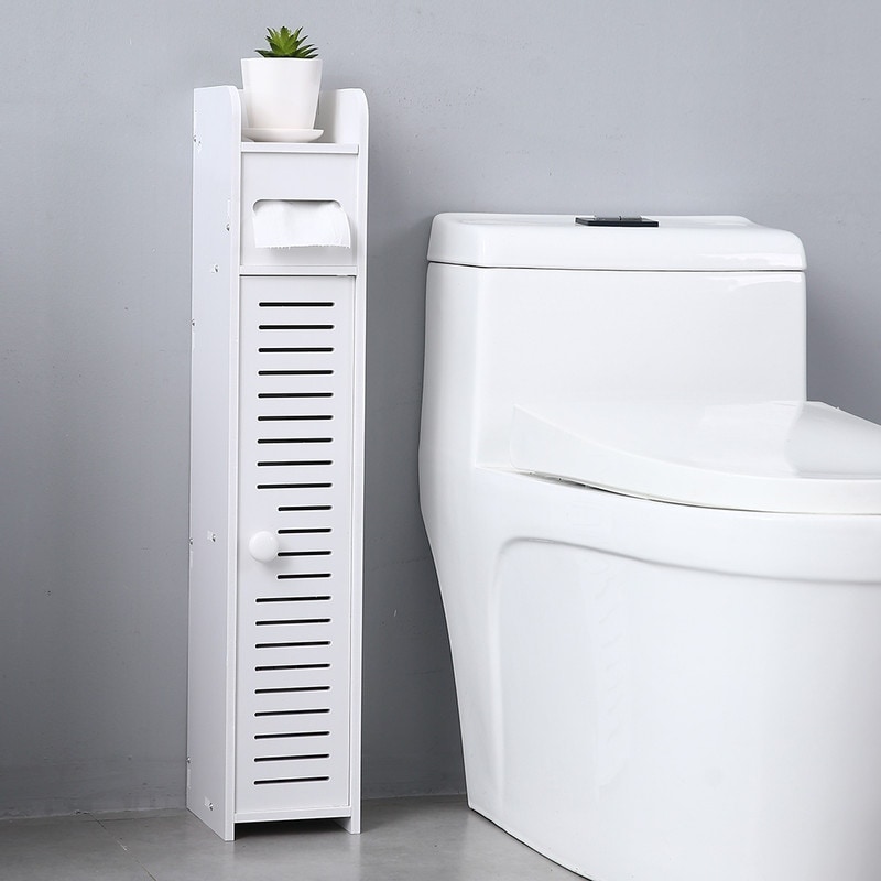 White Gotega Small Bathroom Storage Toilet Paper Storage Corner Floor Cabinet with Doors and Shelves Bathroom Organizer Furniture Corner Shelf for Paper Shampoo 