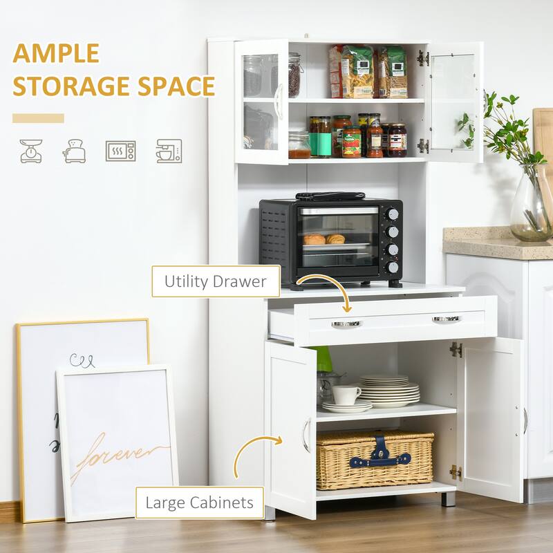 Contemporary White Storage Drawer Cabinet with Glass Doors and Adjustable Shelves for Kitchen - 31.5" W x 19" D x 67" H