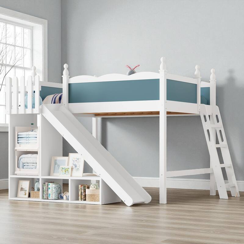 Full/Queen Loft Bed with Storage Shelves, Cabinet & Detachable Slide, Solid Wood Loft Bed with Ladders, No Box Spring