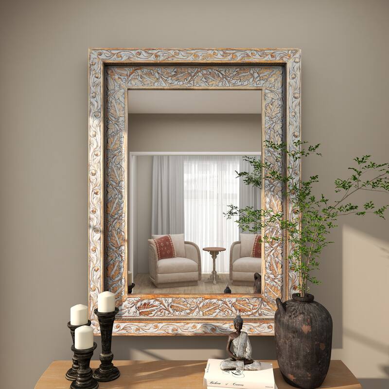 Gray Wood Handmade Intricately Carved Floral Room Wall Mirror