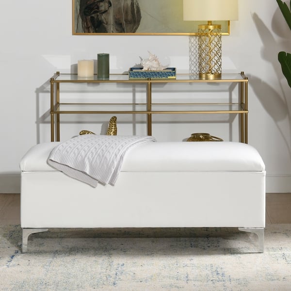 slide 2 of 12, Madelyn 49" Polyester Woven Fabric Upholstered Storage Bench Bright White Polyester