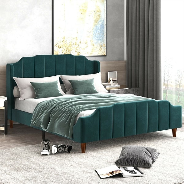 Queen Size Velvet Bed Frame with Modern Curved Headboard, Teal Blue