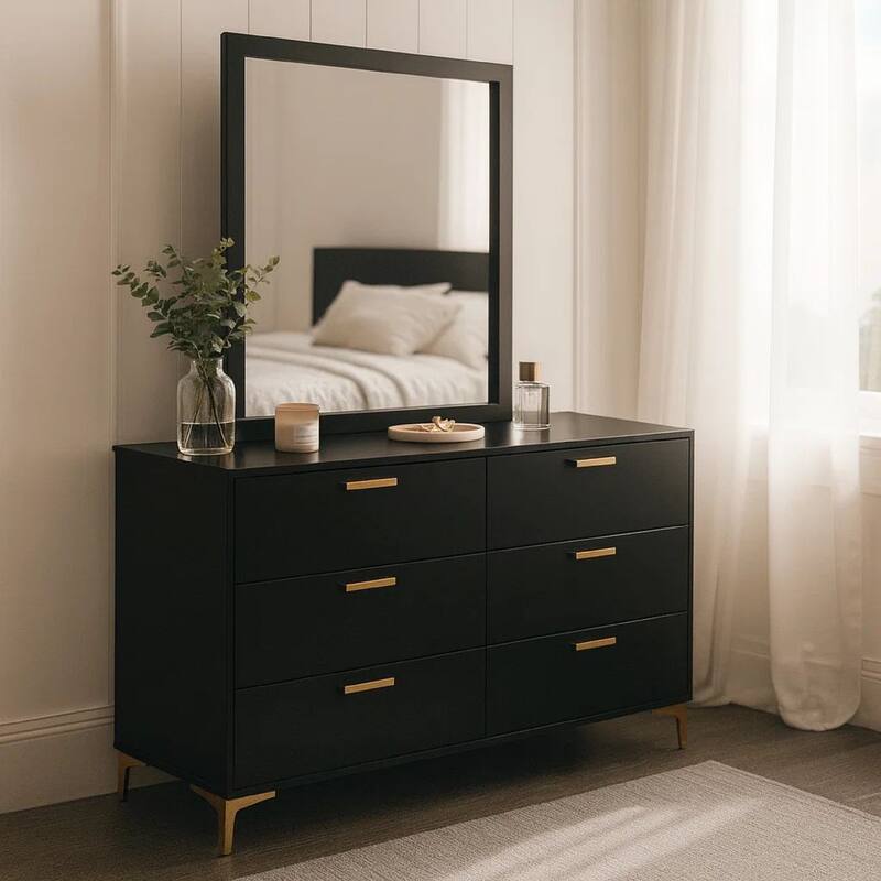 Dle Wide Dresser with Mirror, Gold Bracket Legs, Modern Black Finish