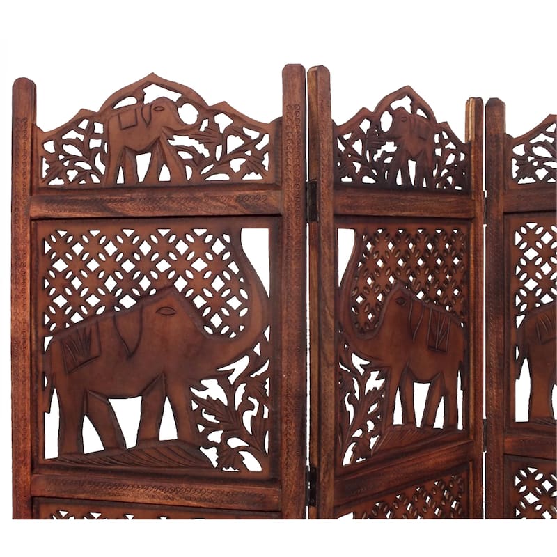 Zofi Hand Carved Elephant Design Foldable 4 Panel Wooden Room Divider, Brown - 8' x 10'