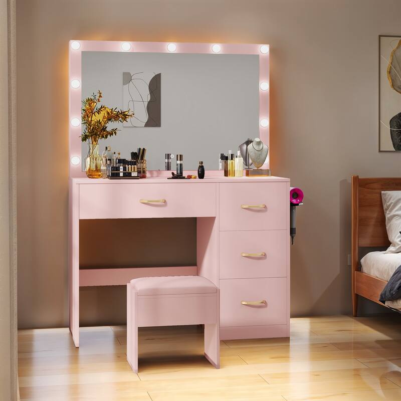 35.4" Mirror Makeup Vanity Table with Stool and Light Bulb - 35.4''L x 15.7''W x 53.5''H