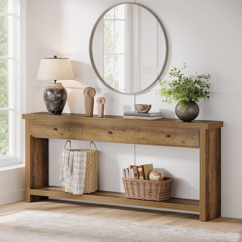 Extra Long Wood Console Table, Oak Sofa Entryway Table with 3 Drawers & Storage Shelves for Living Room, Hallway, Foyer