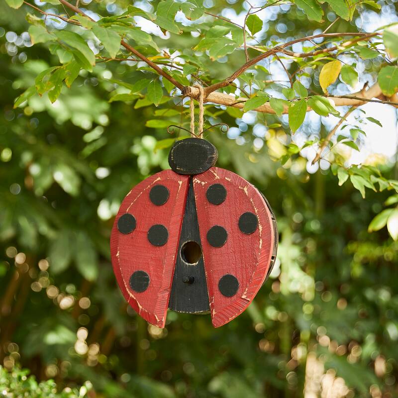 Glitzhome 11"H Cute Distressed Solid Wood Ladybug Birdhouse - 11.5"H