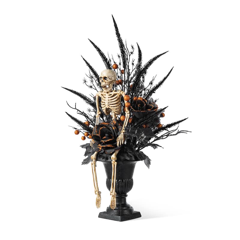 Glitzhome 22"H Halloween Black Rose Skeleton and Berry Urn Potted Table Tree